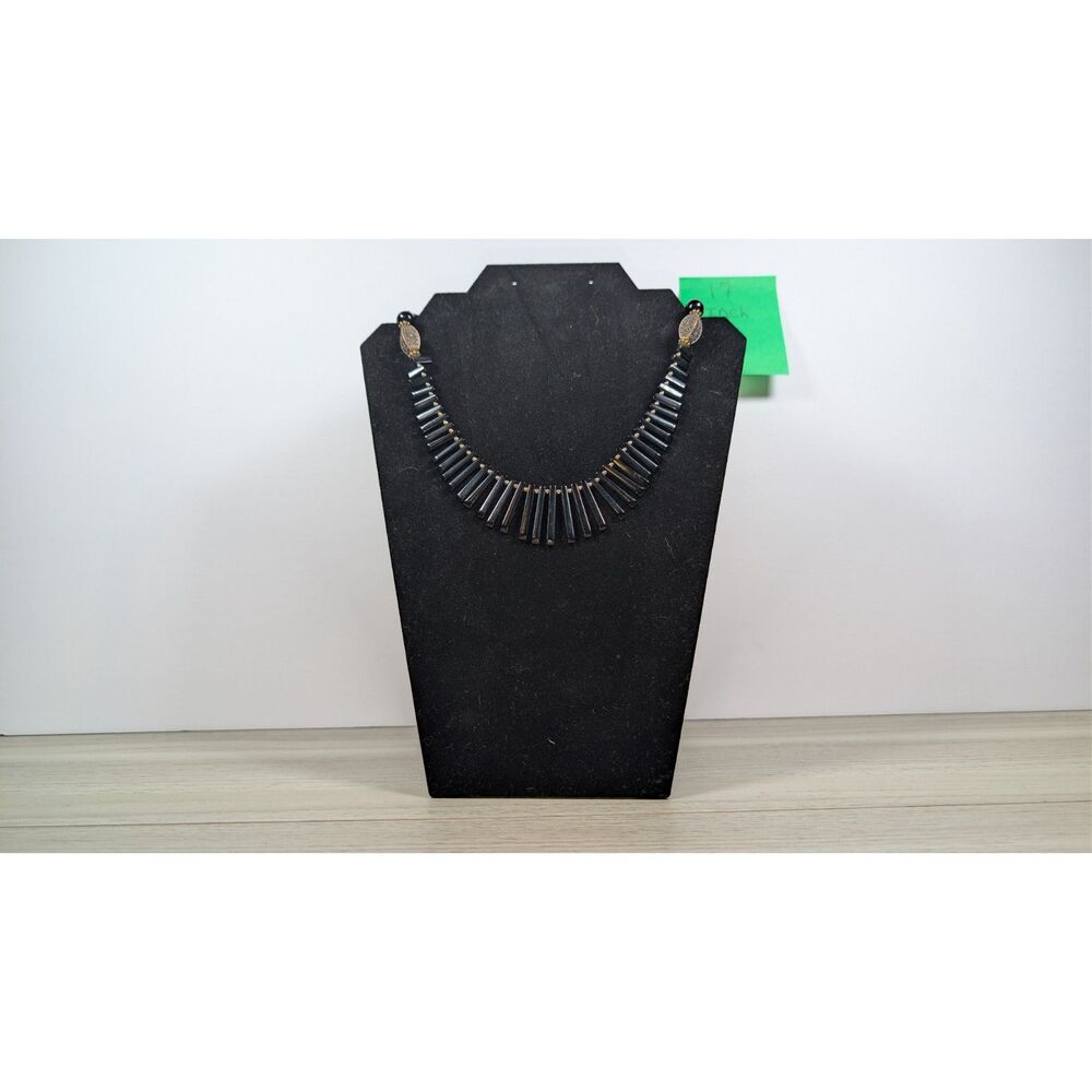 Vintage Black Beaded Fringe Necklace Gold Tone 17" Statement Bib Boho Jewelry